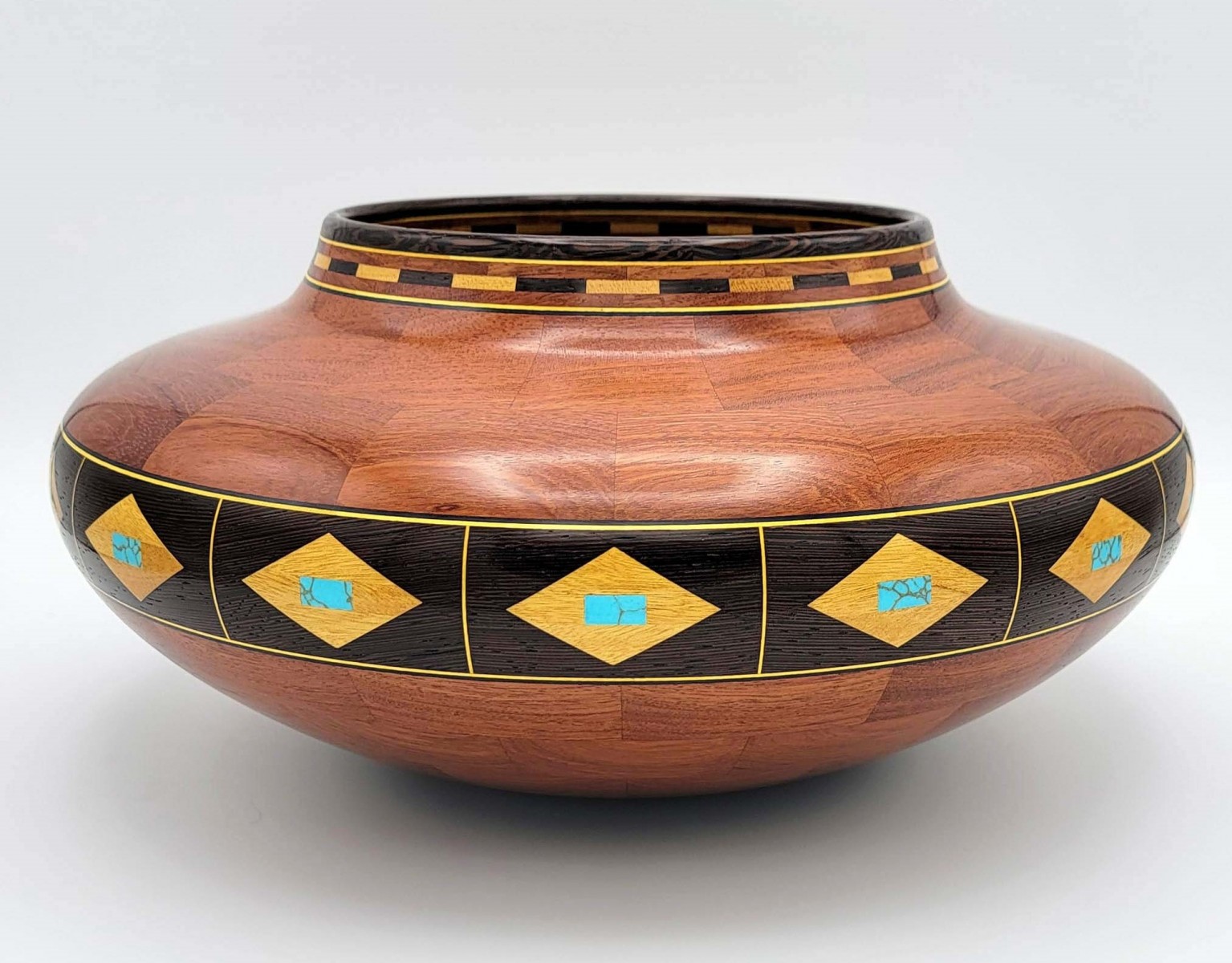 Bubinga, Wenge, Yellowheart and Turquoise Vessel - 13W x 6.5H - by Steve E