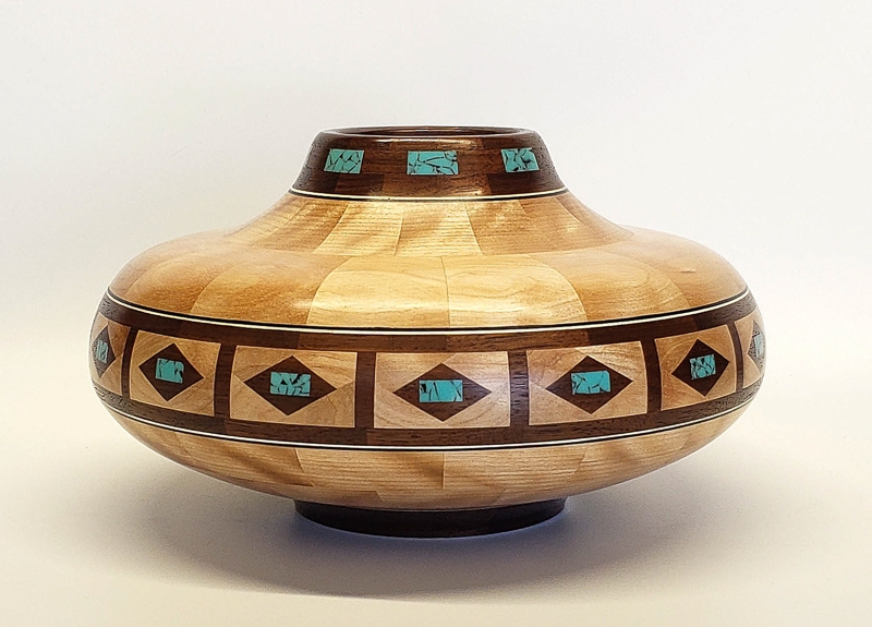 Curly Maple, Walnut, Turquoise and Veneer Vessel - 12W x 6H - by Chuck G