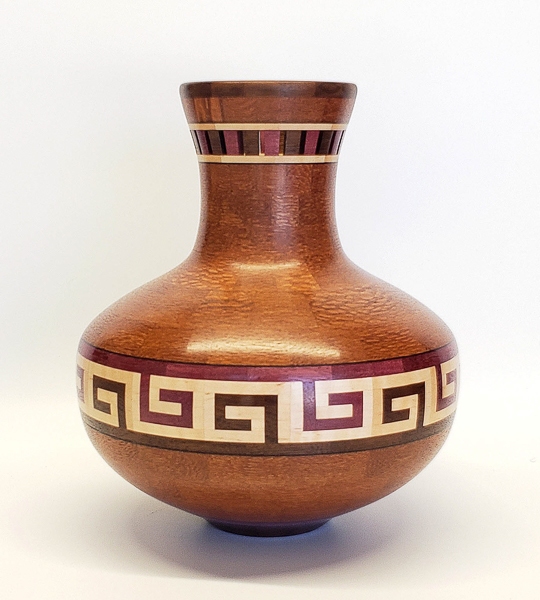 Lacewood, Walnut, Maple, Purpleheart w/ Veneer Vase - 9W x 10H - by Chuck G