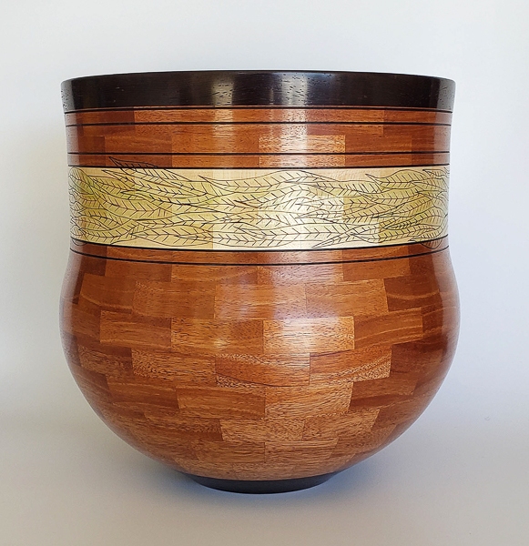 Mahogany, Maple, Walnut and Pyrography Vessel - 12W x 12H - by Chuck G