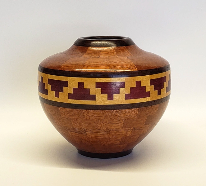 Mahogany, Walnut, Yellowheart and Purpleheart Vessel - 7W x 6H - by Chuck G