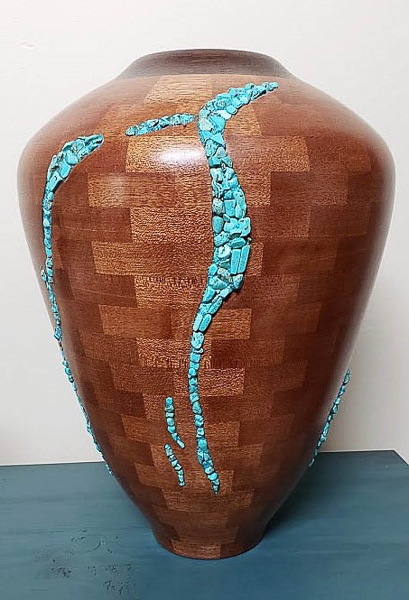 Mahogany with Turquois Stones Vessel - 11W x 14H - by Chuck G