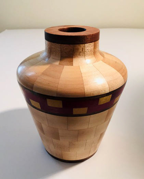Walnut, Maple, Purpleheart and Yellowheart Vase - 5W x 7H - by Milt S